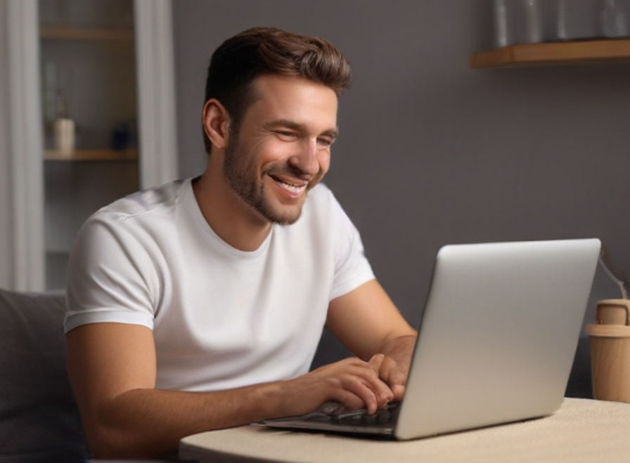 A cheerful man seated comfortably with his laptop.