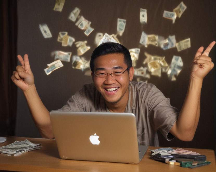 An Indonesian man cheers with money in hand in front of a laptop, celebrating a win in online gaming.