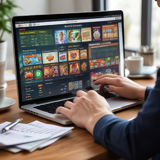 A person sits at a desk, focused on their laptop screen with SuleSlot open, reviewing their budget and game stats.