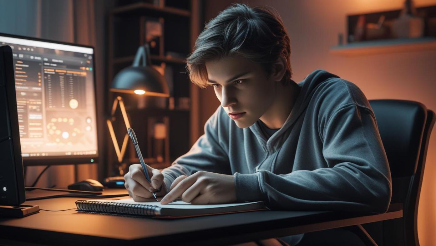 Young player logs results beside computer in warmly lit, modern gaming room.