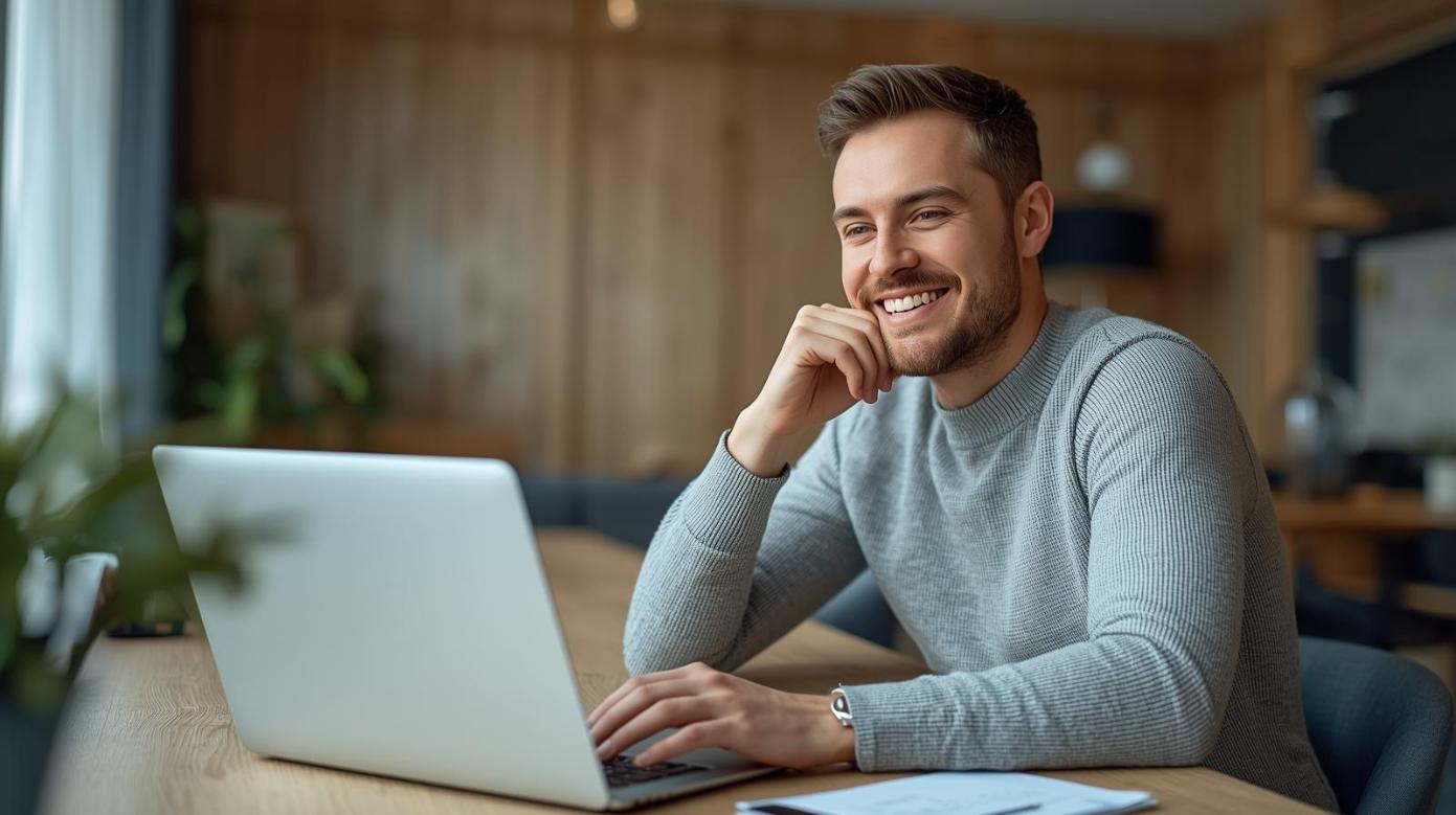 Smart Norwegian man smiling at laptop, analyzing online casino winnings responsibly at home.