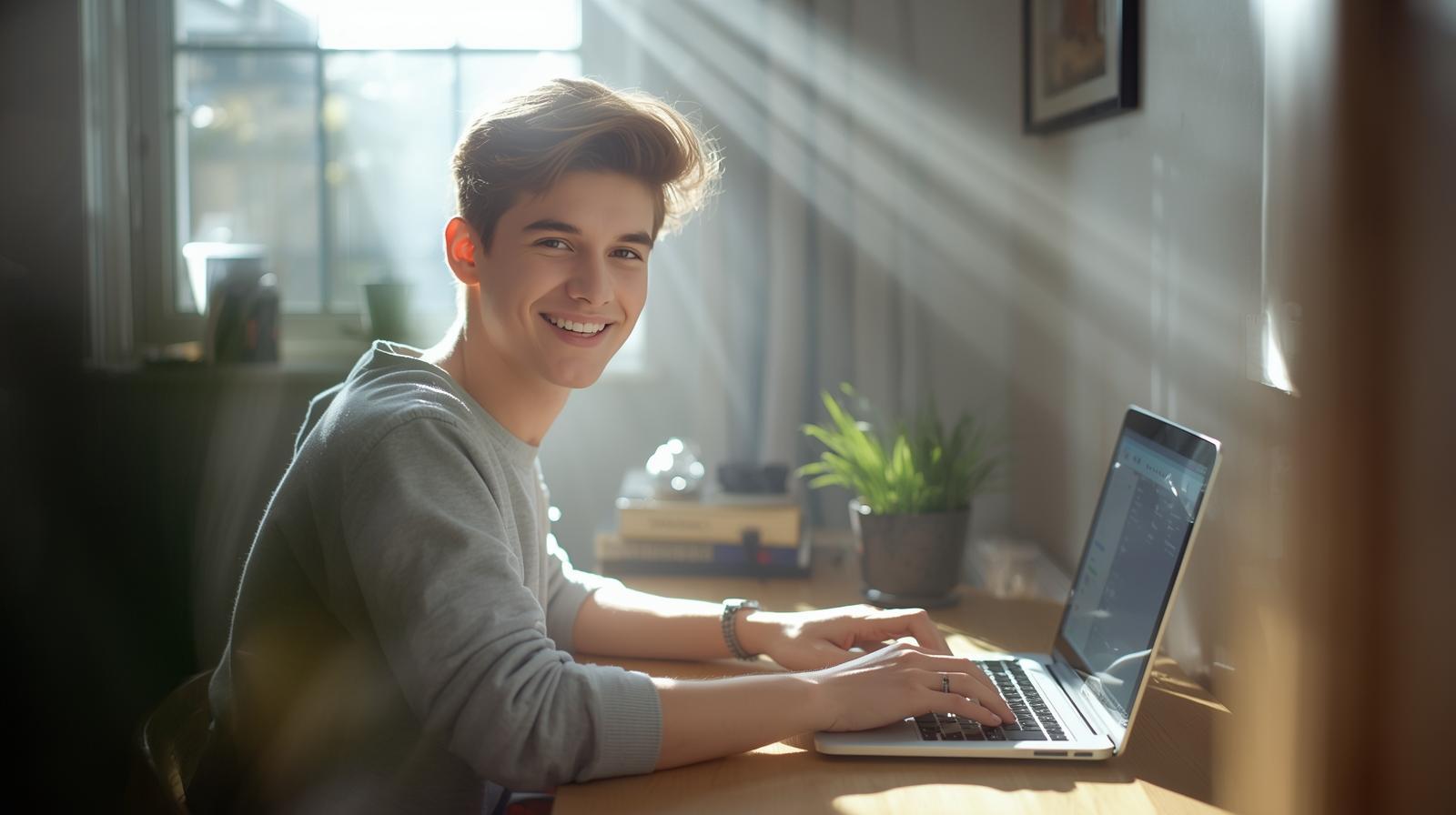 Young adult enjoying online lottery responsibly in cozy sunlit home environment.