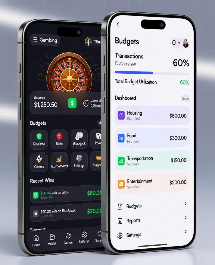 gambling dashboard alongside a budgeting app interface