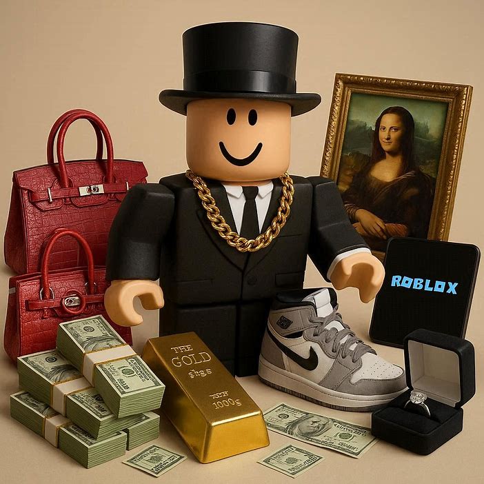Roblox-style character surrounded by high-value collectible items
