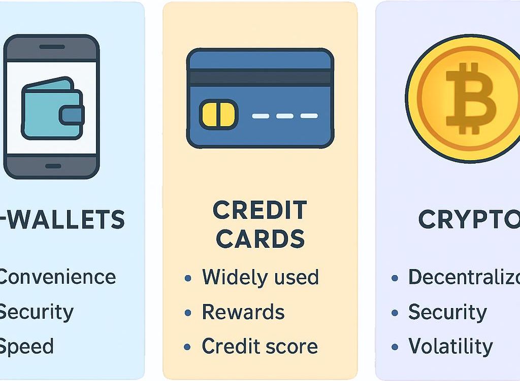 Comparison graphic of e-wallets, credit cards, and crypto payments